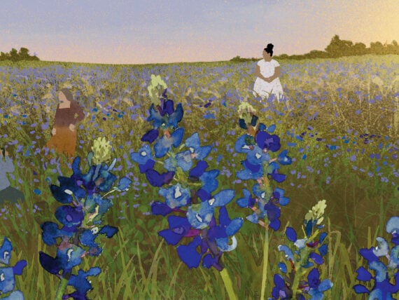 An illustration of a woman in a bluebonnet field