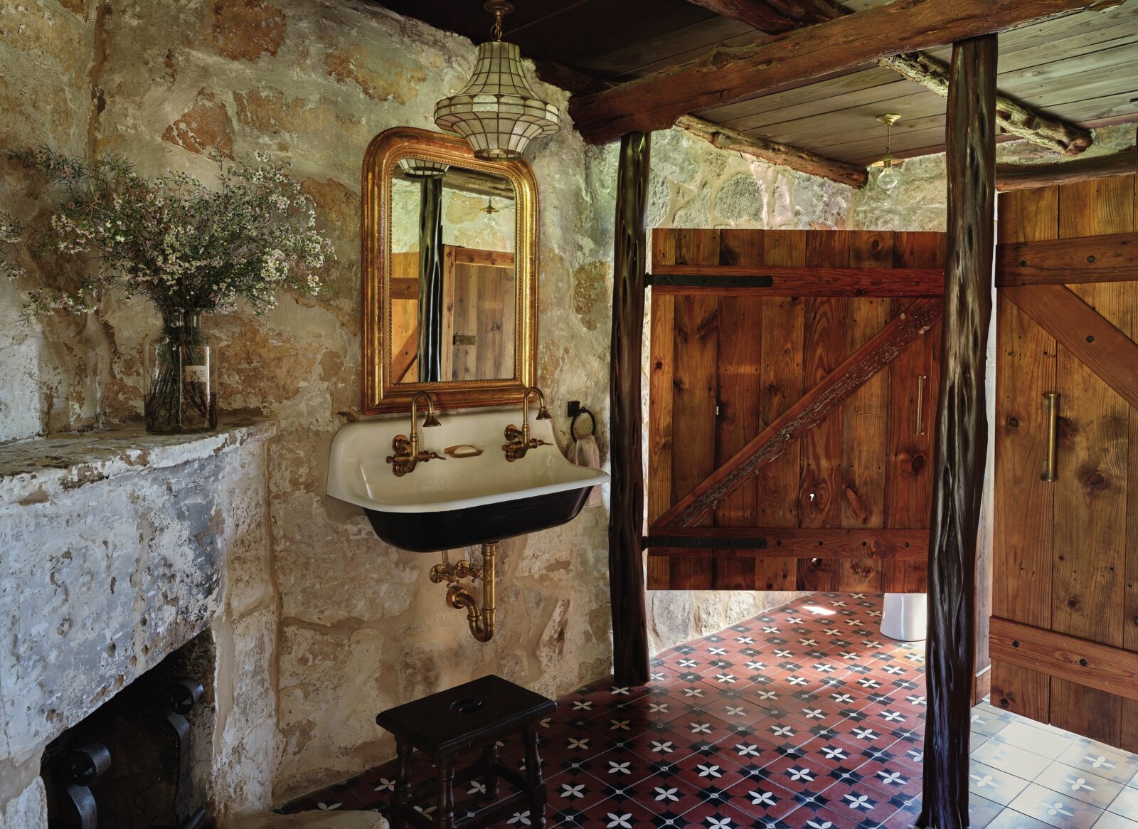 A bathroom with saloon doors