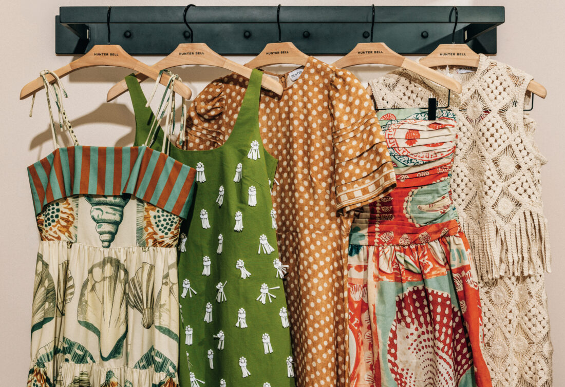 Printed dresses on a rack