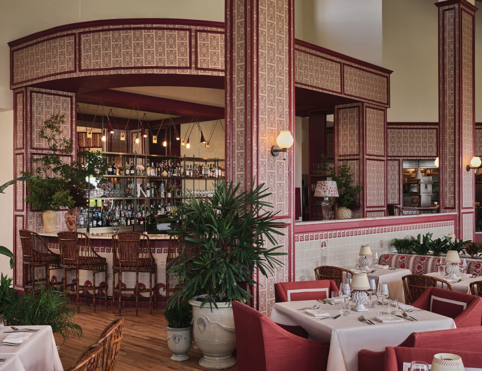 A restaurant with pink tile
