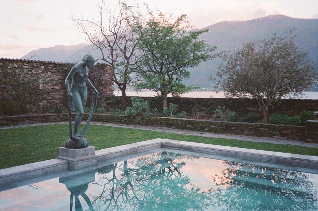 A reflecting pool with a statue