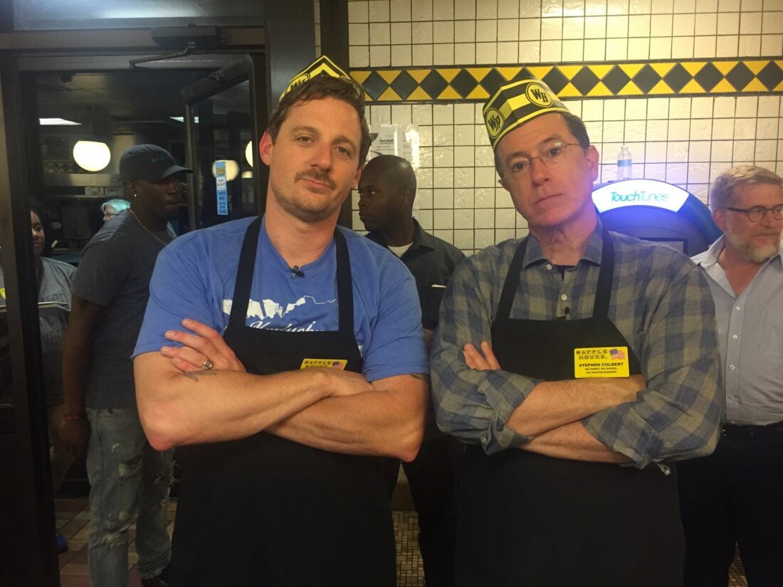 Sturgill Simpson and Stephen Colbert at Waffle House in Charleston.
