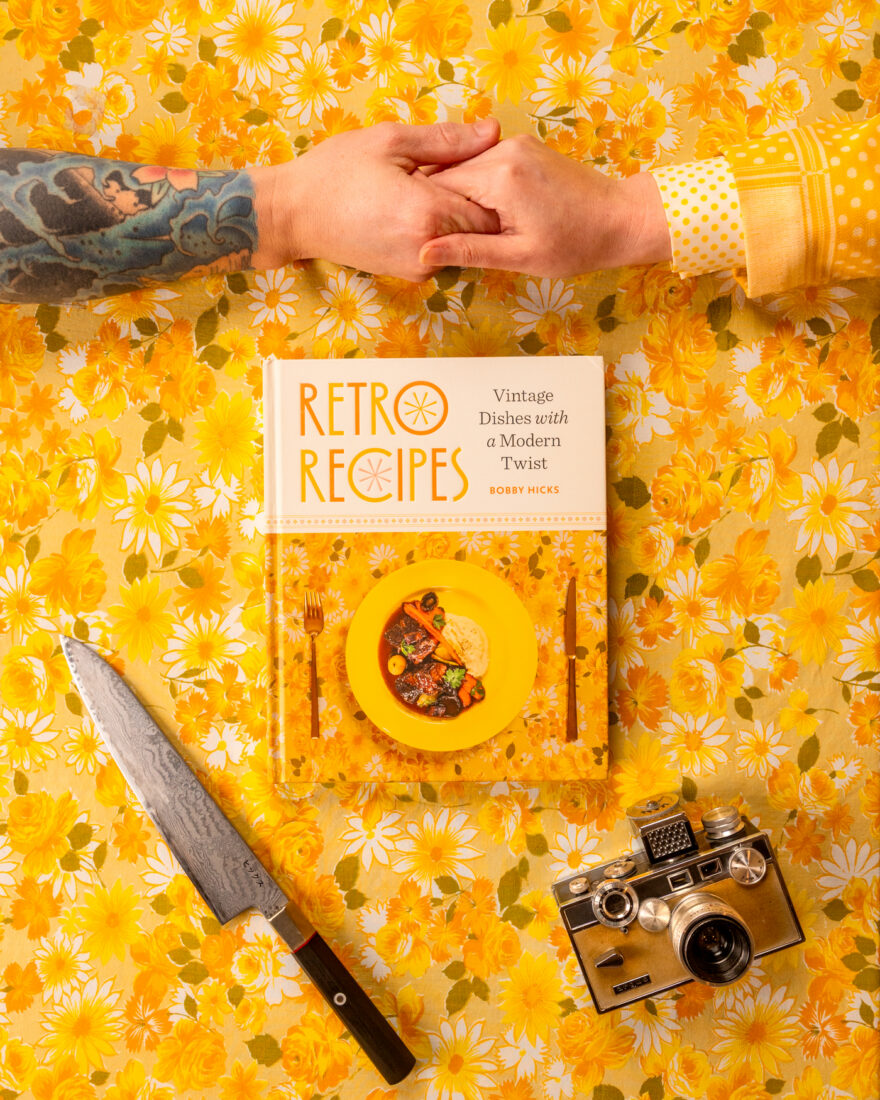A cookbook on a yellow background