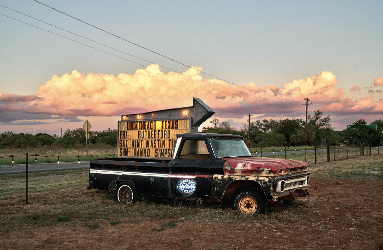 A truck with a sign