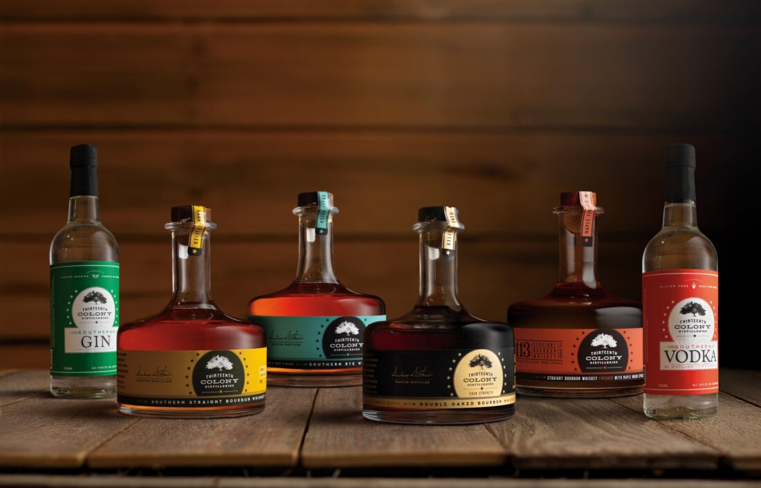 Bottles of bourbon and gin