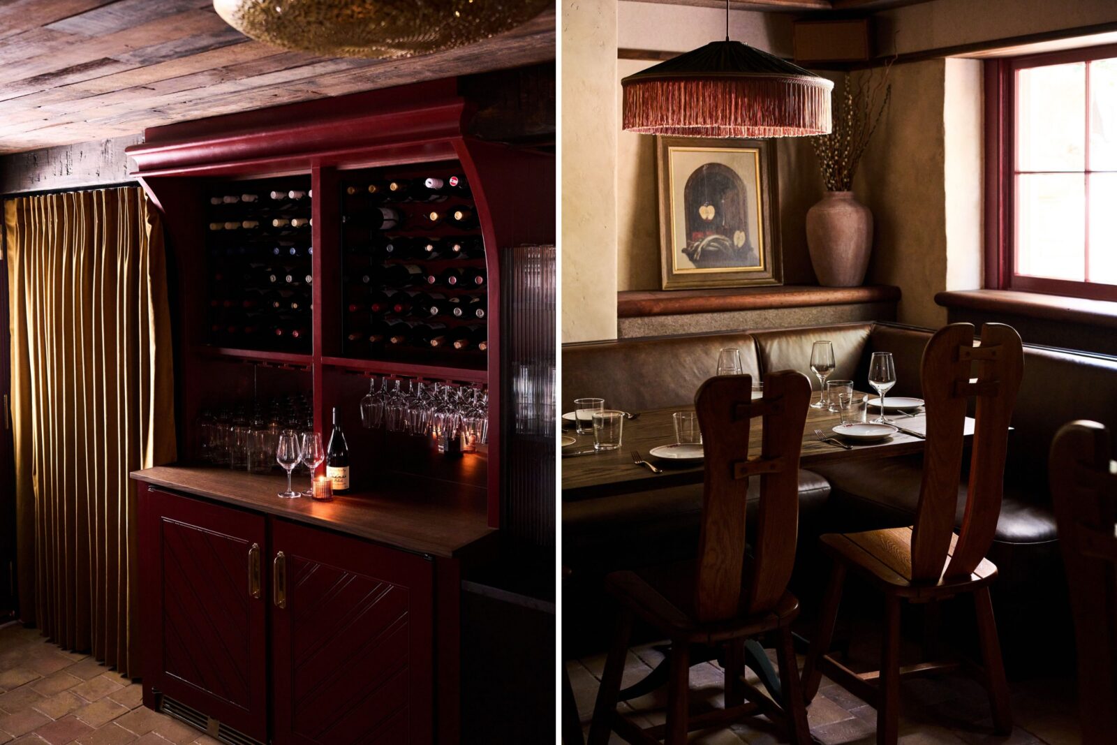images of dark antique wood wine collection and table setting