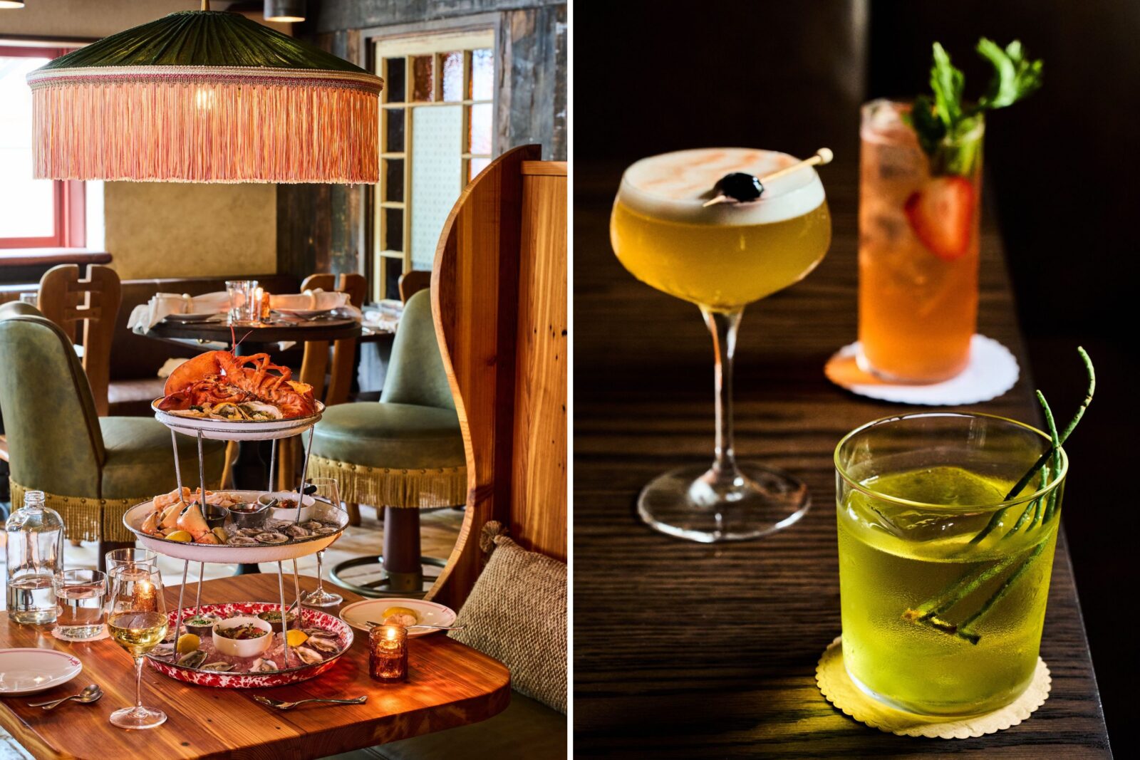 side by side images of a seafood tower on a table and a selection of three cocktails