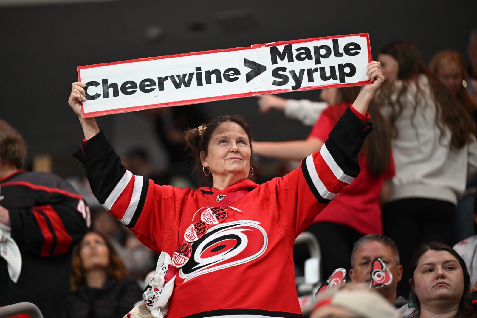 image of a hockey fan holding up a banner