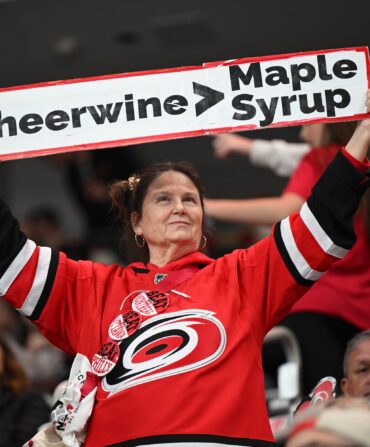 image of a hockey fan holding up a banner