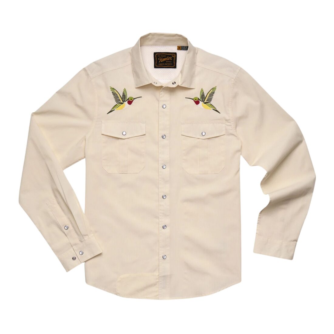 A shirt with embroidered hummingbirds