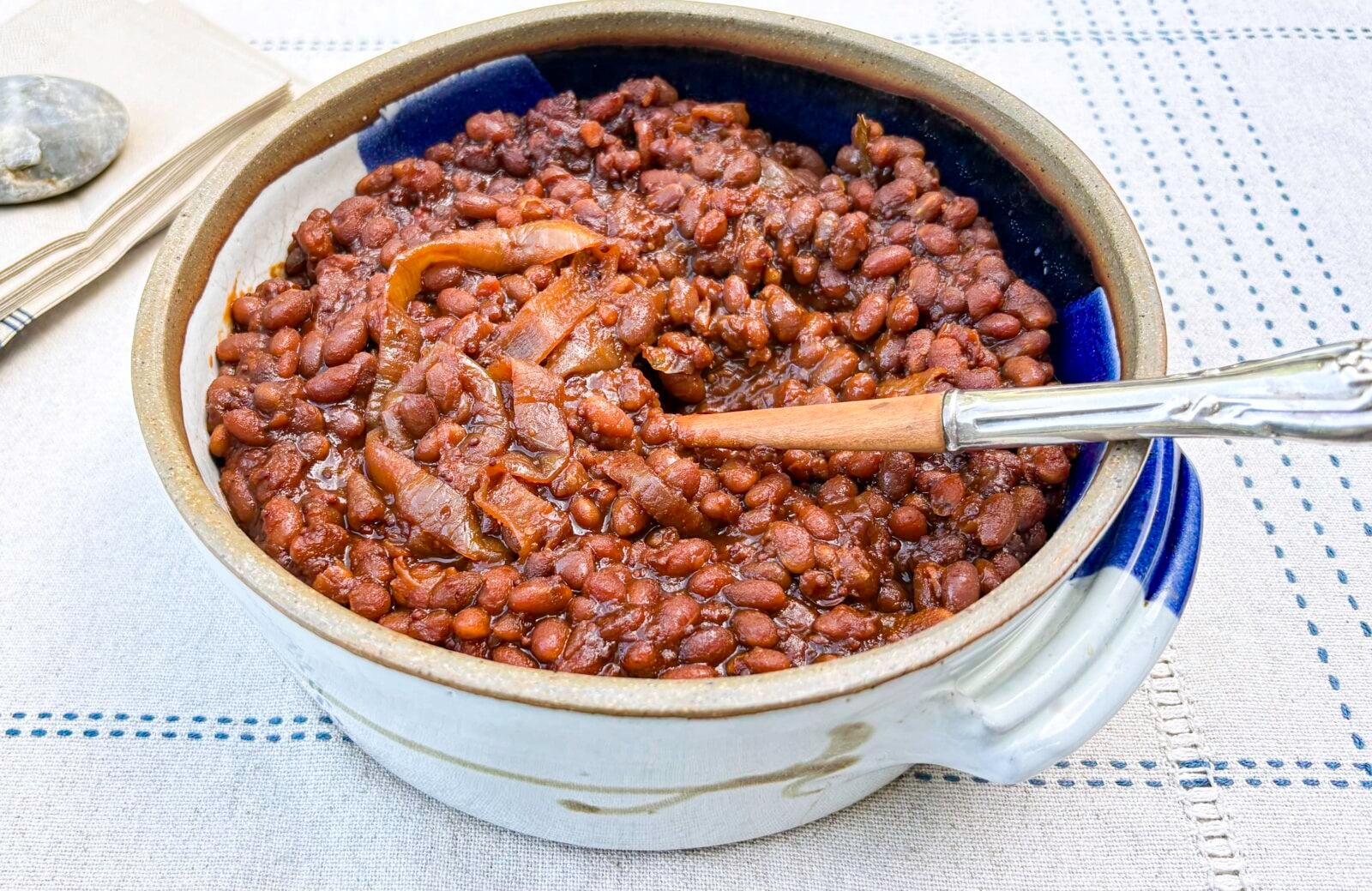 A pot of bourbon baked beans