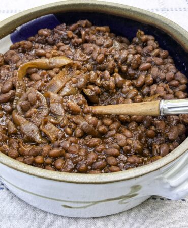 A pot of bourbon baked beans