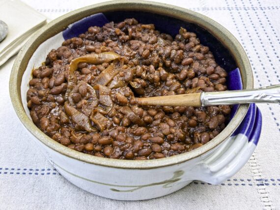 A pot of bourbon baked beans