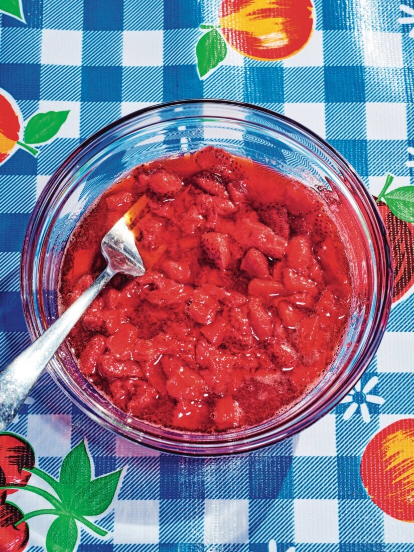 A bowl of macerated strawberries