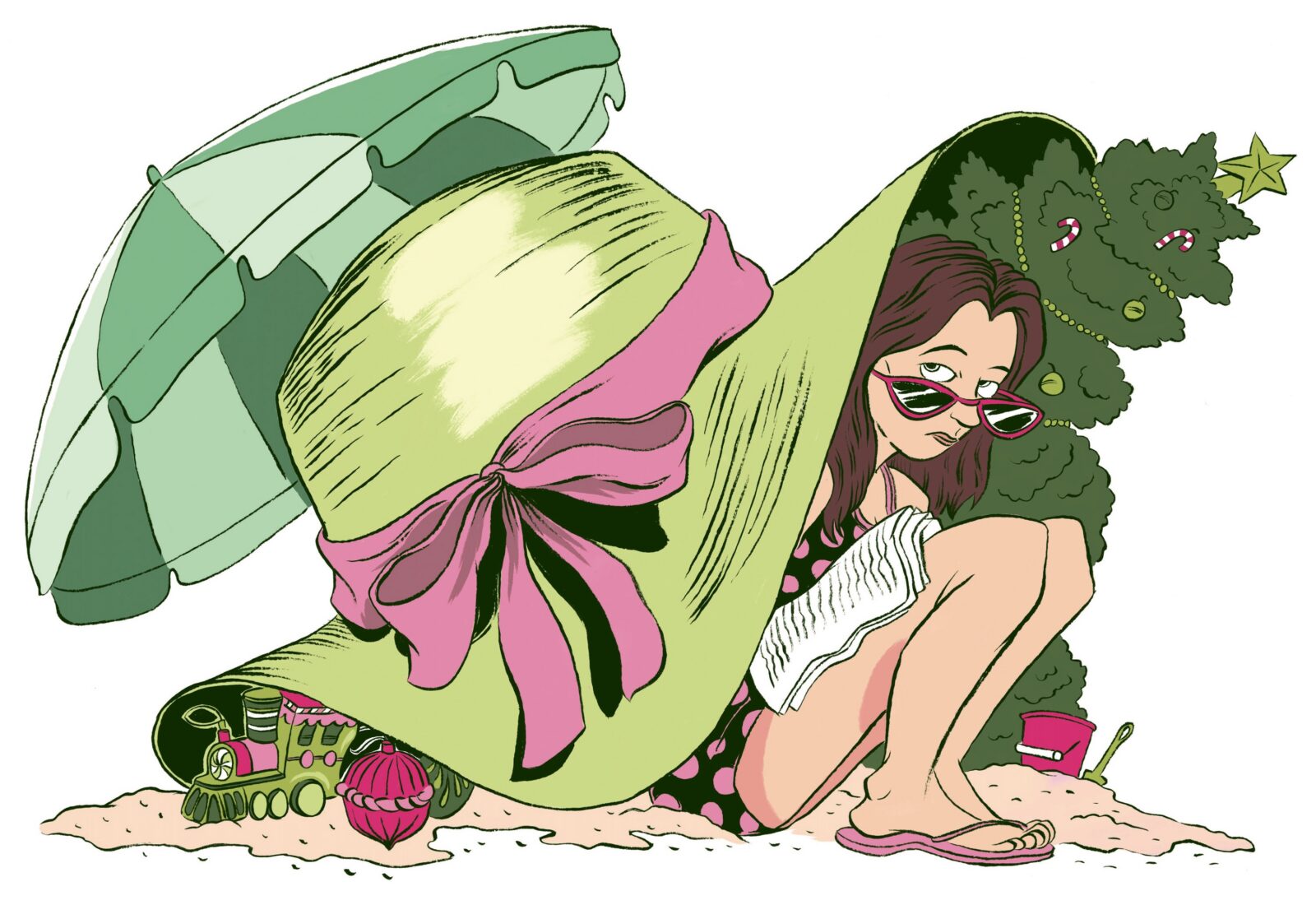 An illustration of a woman under a big hat