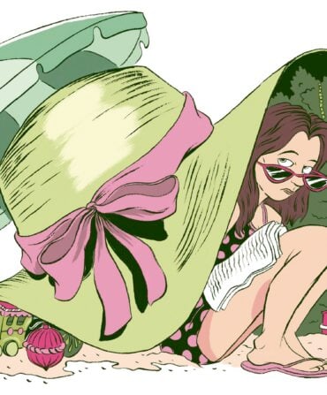 An illustration of a woman under a big hat