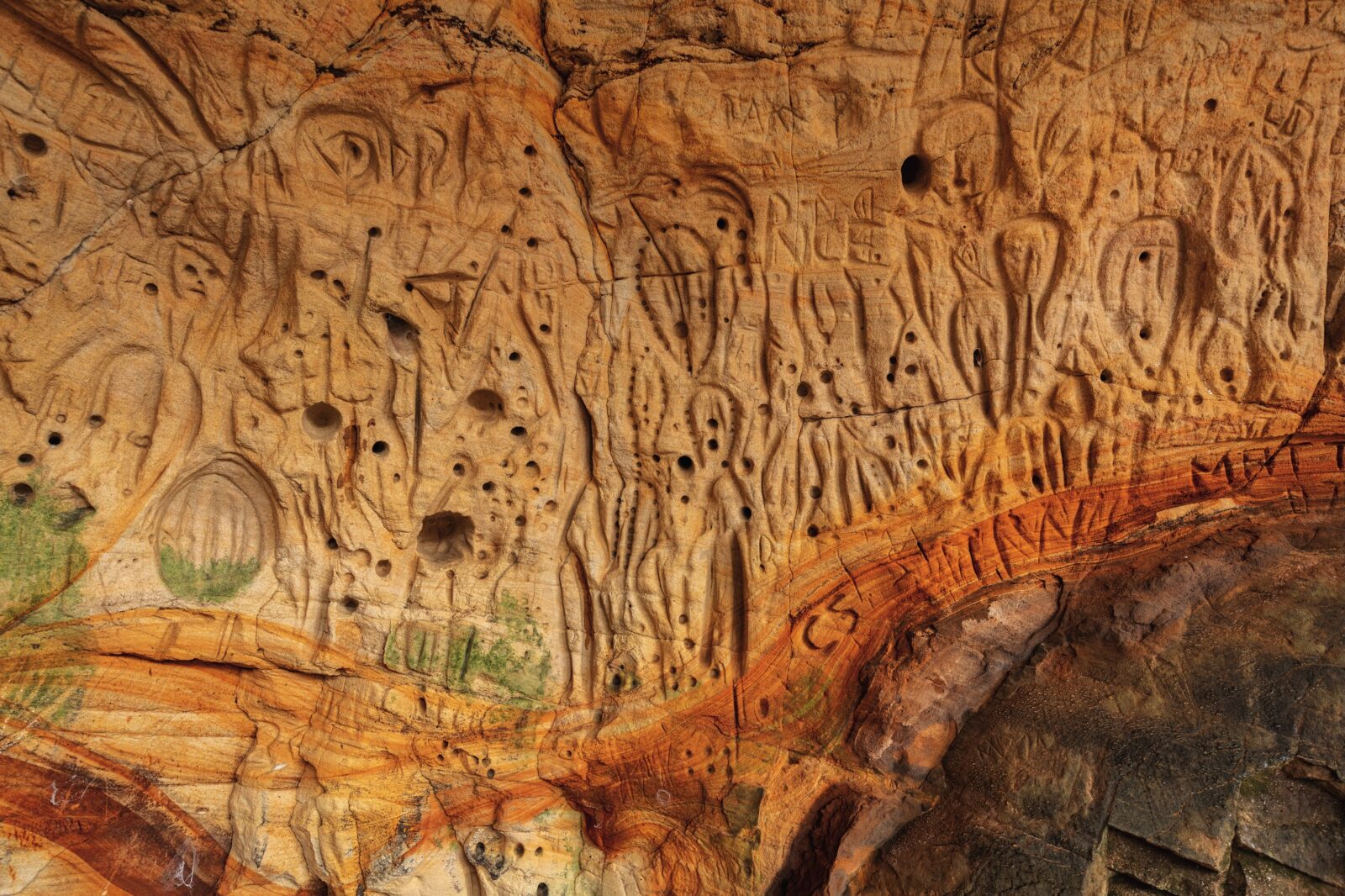 Petroglyphs at Tennessee’s Indian Rockhouse Shelter.