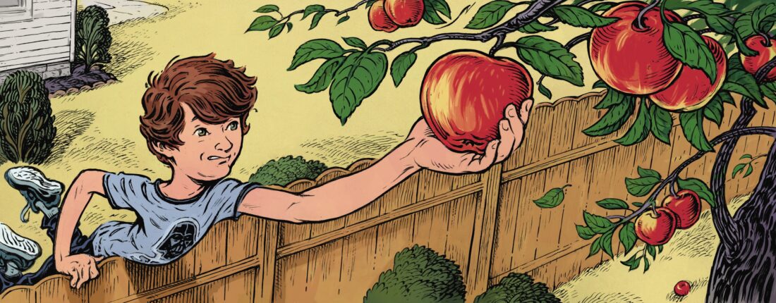 An illustration of a boy picking apples