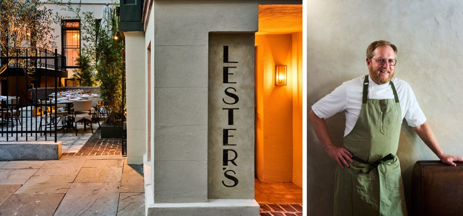 side by side image of restaurant exterior and chef Jacques Larson.