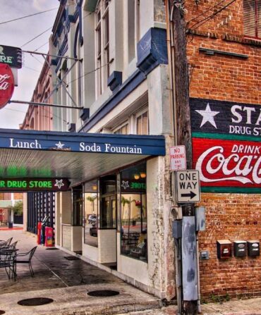 Outside a soda shop
