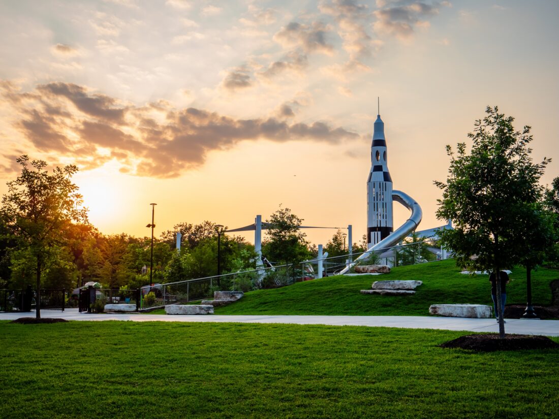 image of a playground with spaceship slide in Houston, Texas