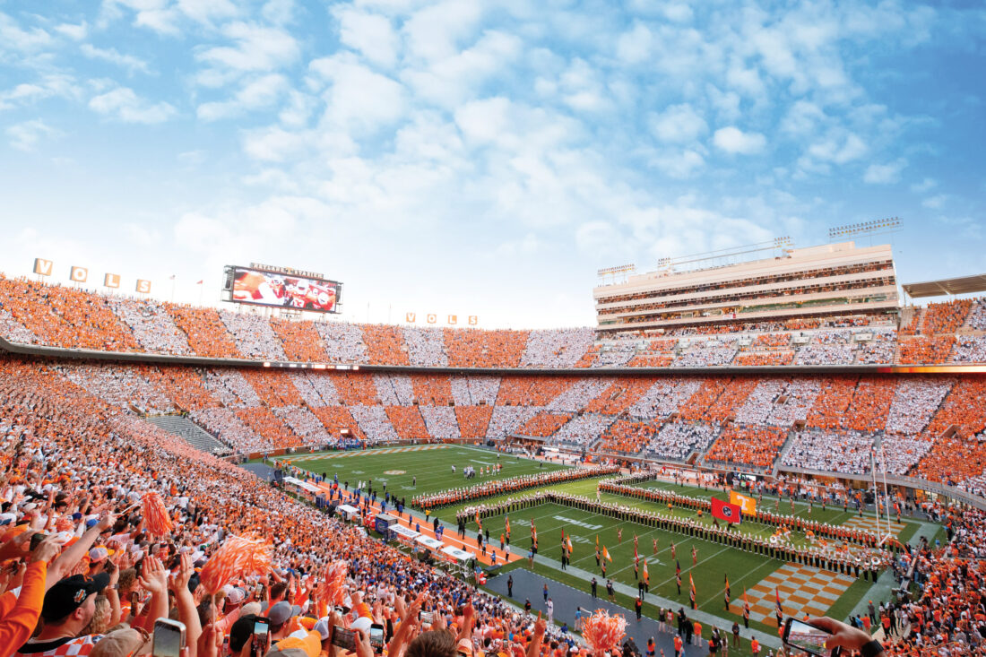 The Tennessee Volunteers run through the ”T“ during a 2024 game at the University of Tennessee’s Neyland Stadium.