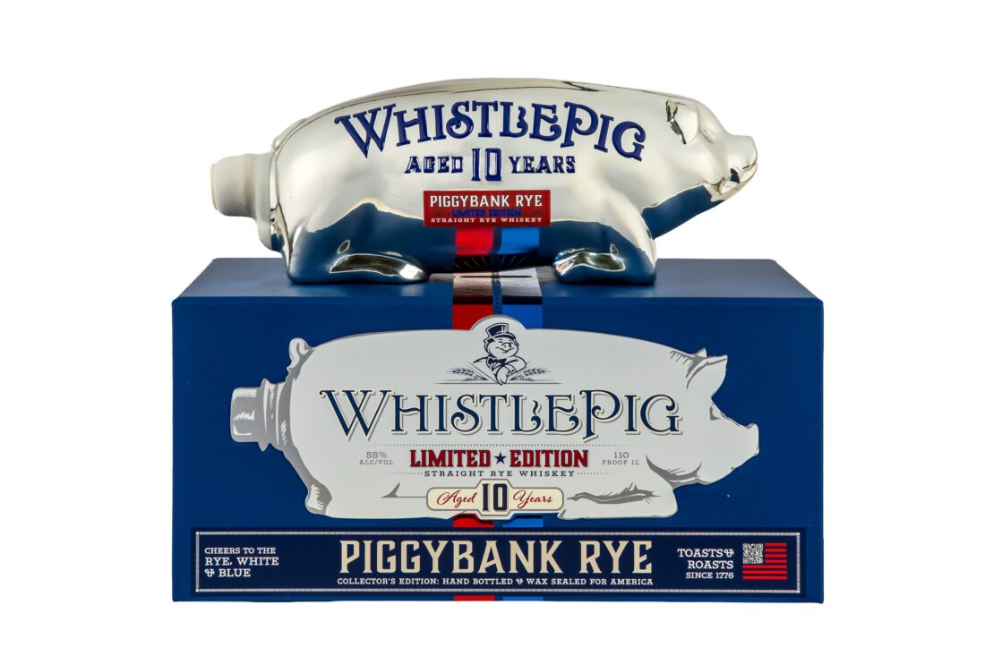 A bourbon box with a pig decanter