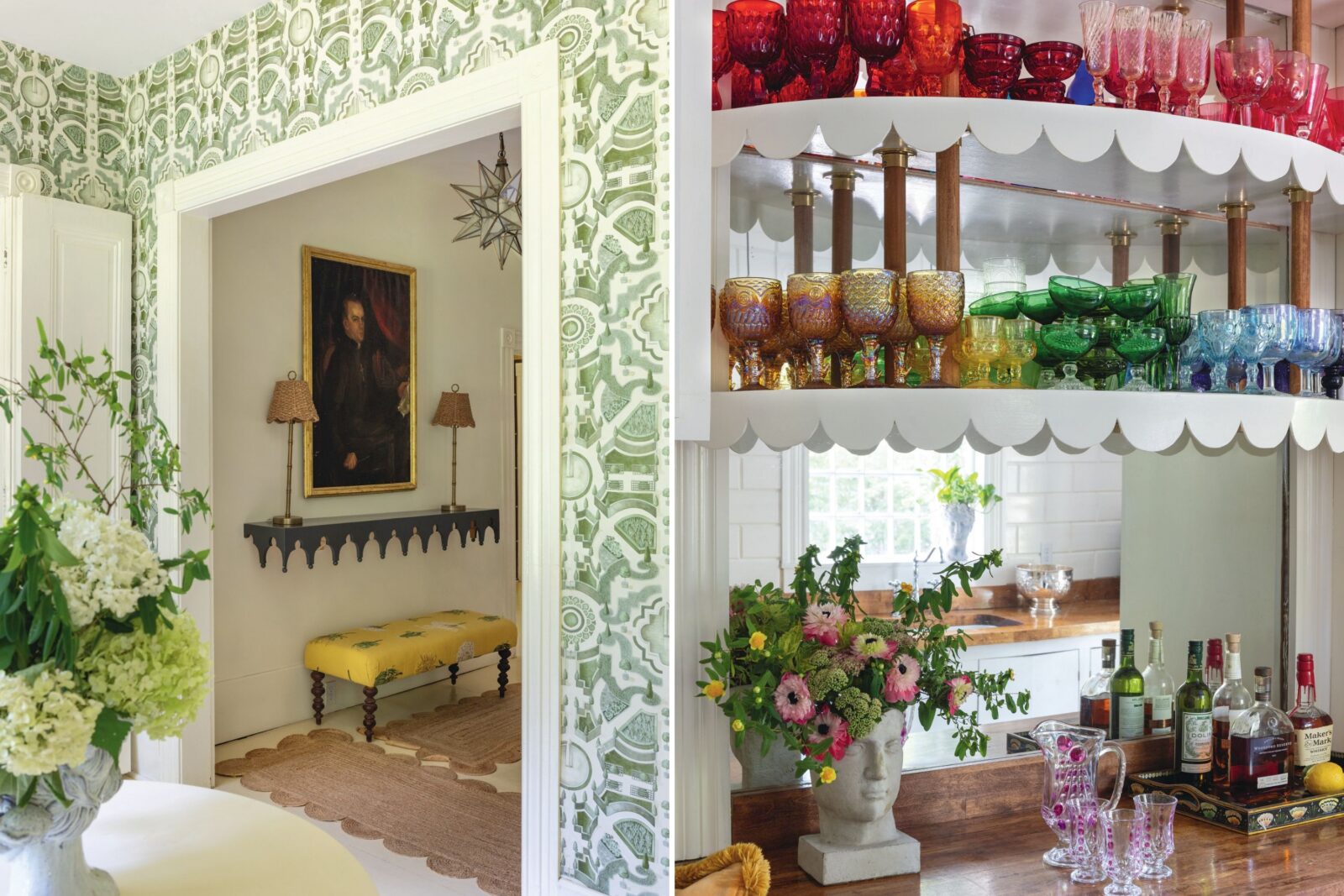 A portrait of a man in a hallway; shelves with colorful glassware