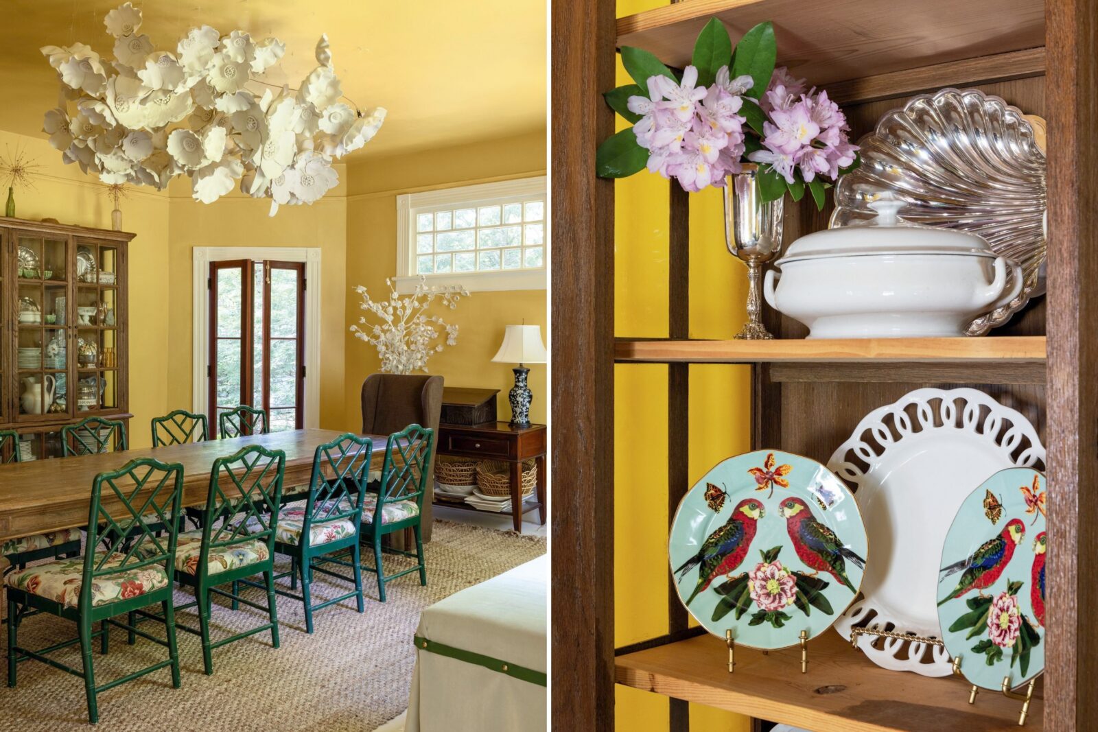 A collage of two images: a yellow dining room; a detail of playful plates
