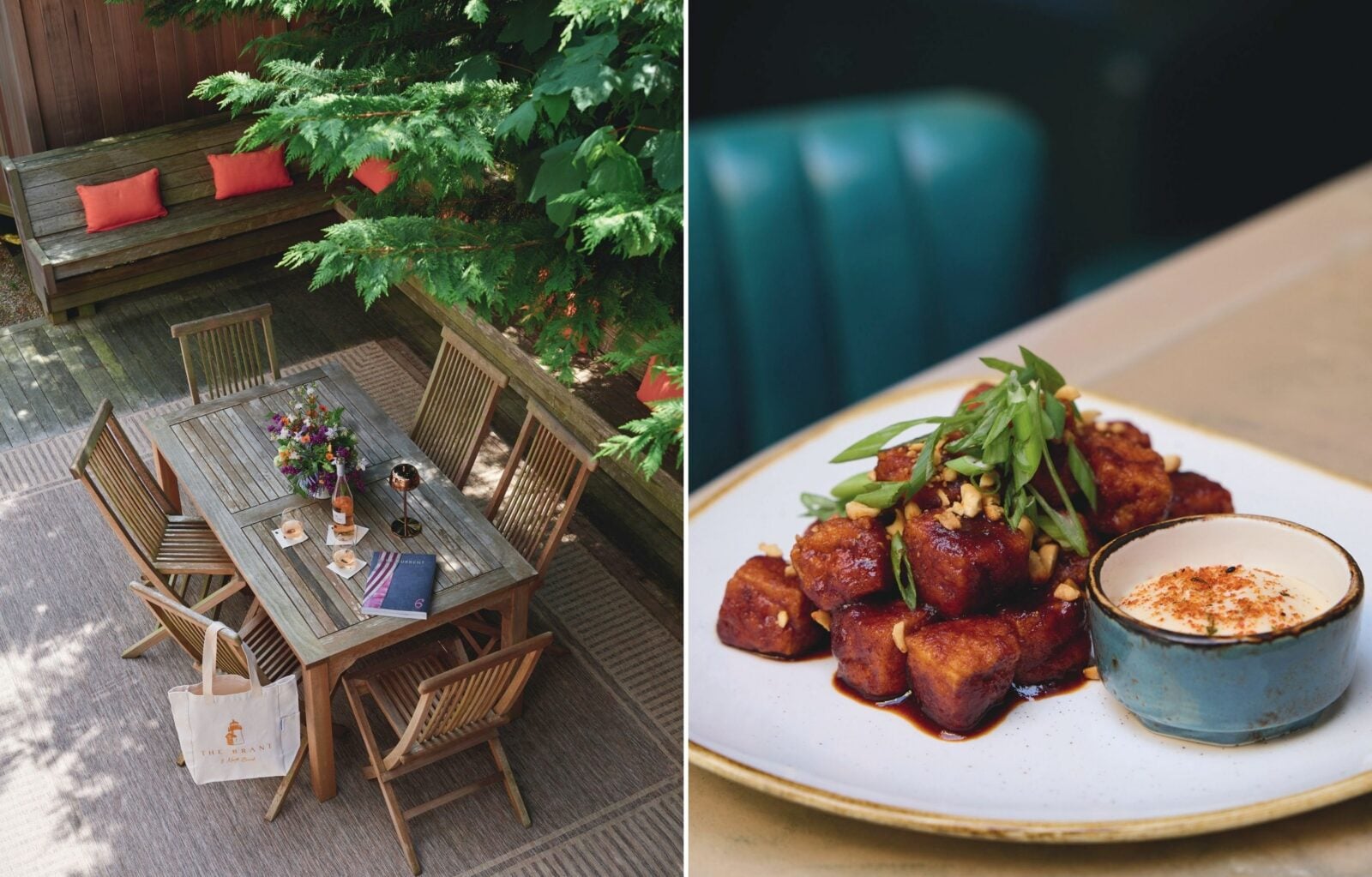A collage of two images: an outdoor hangout space; a dish of glazed tofu