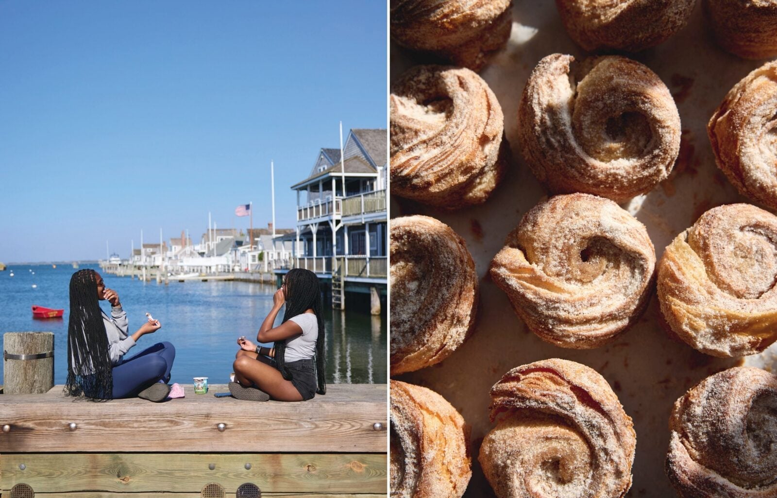 A collage of two images: Two women sit on a coastal street; sugar morning buns