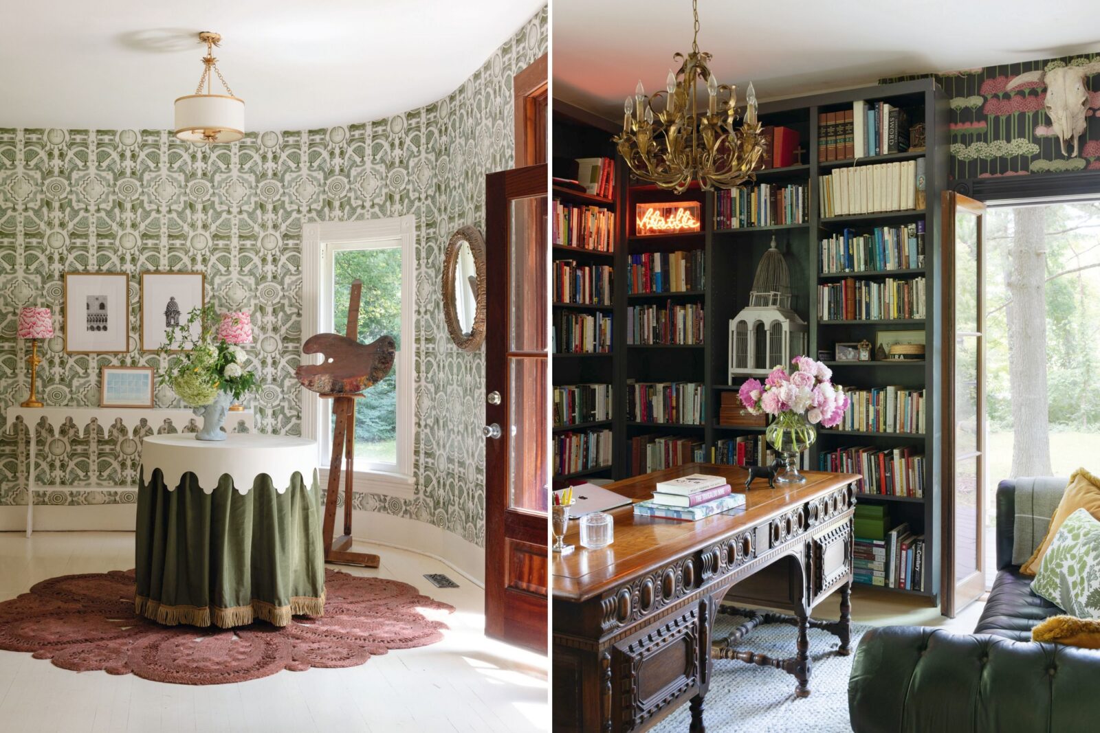 An entryway with white floors and green wallpaper with a paint palette on display; a study with dark walls and a desk