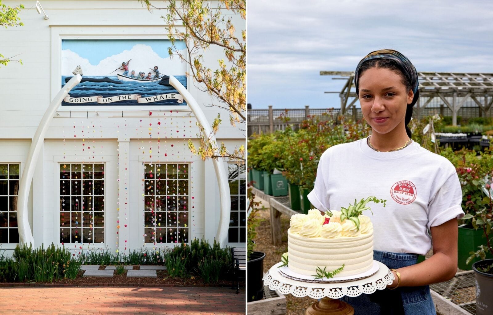 A collage of two imageS: a whaling museum exterior; a woman holding a cake