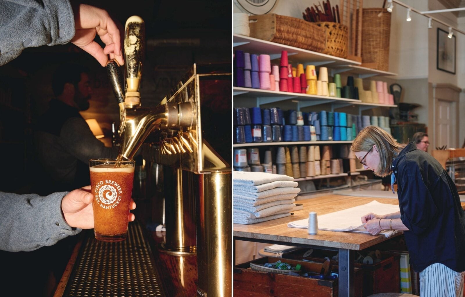 A collage of two images: A beer in a pint; a woman at a weaving studio
