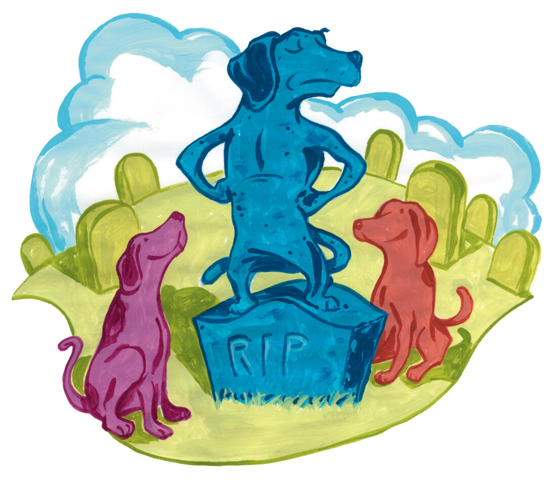 An illustration of a dog on a grave