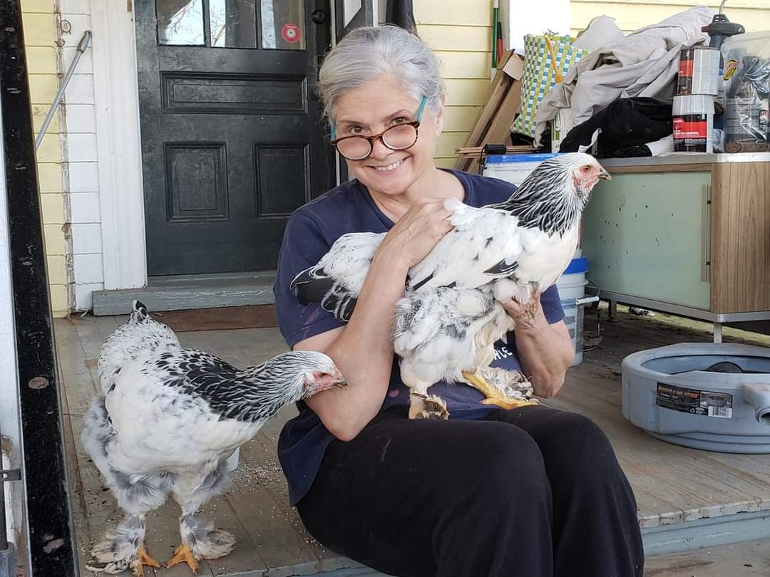 Rita Carroll with chickens
