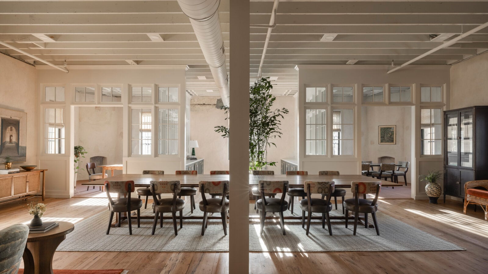 An office interior with chairs around a long table