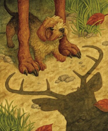 An illustration of a small dog under a bigger dog with the shadow of a deer