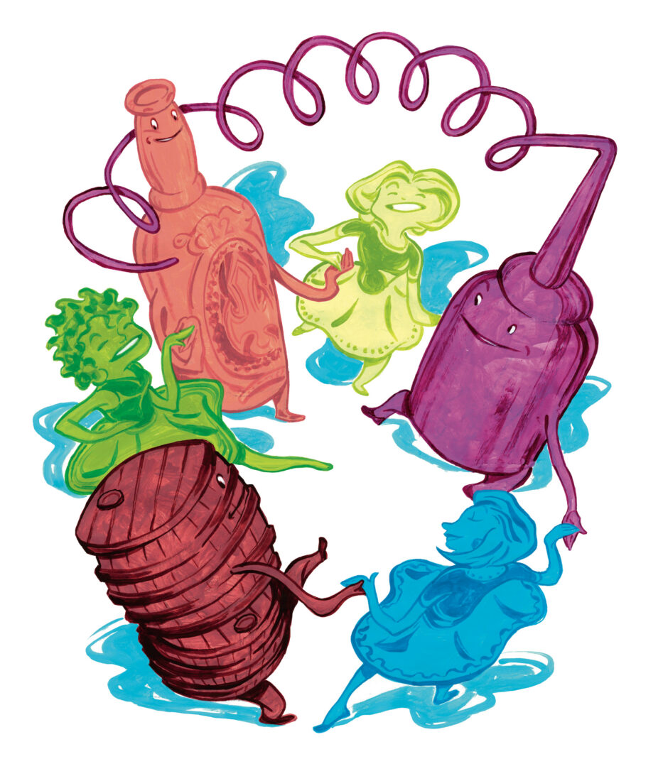 An illustration of women and bourbon supplies dancing