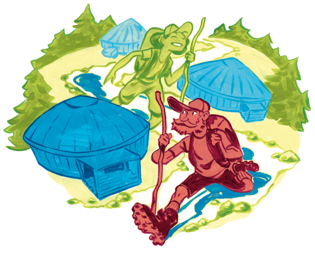 An illustration of a man hiking