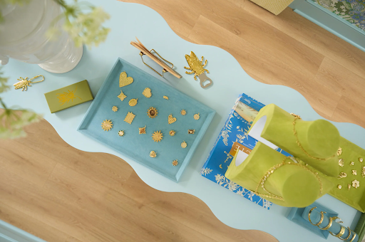 a gold and blue display