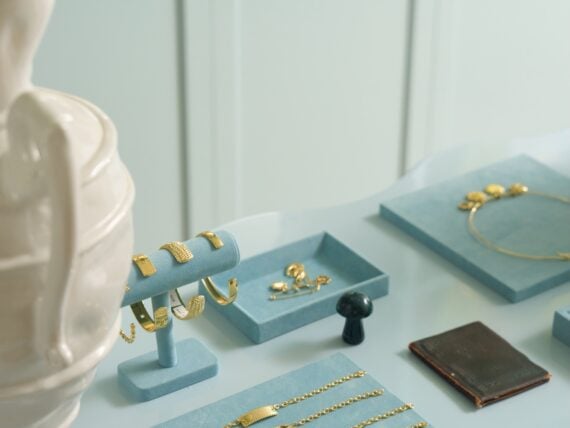 a gold jewelry display