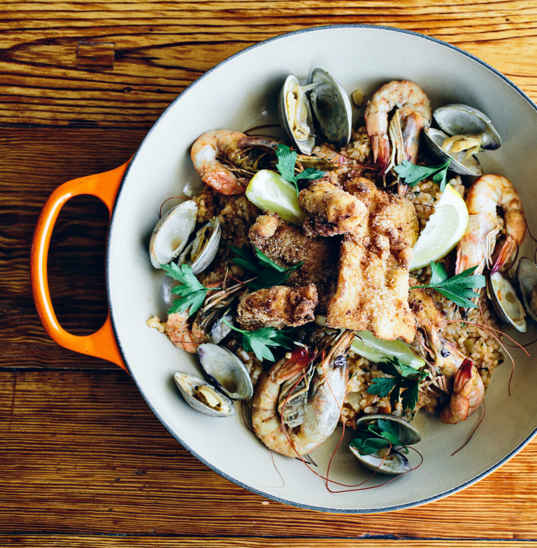 A seafood dish in a pot