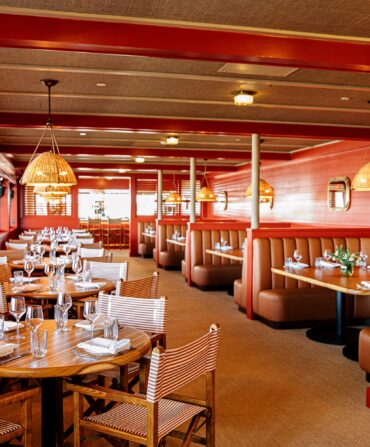 Inside a red-toned dining room