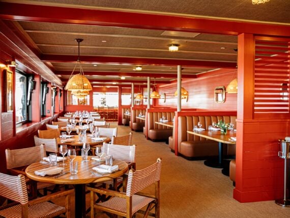 Inside a red-toned dining room