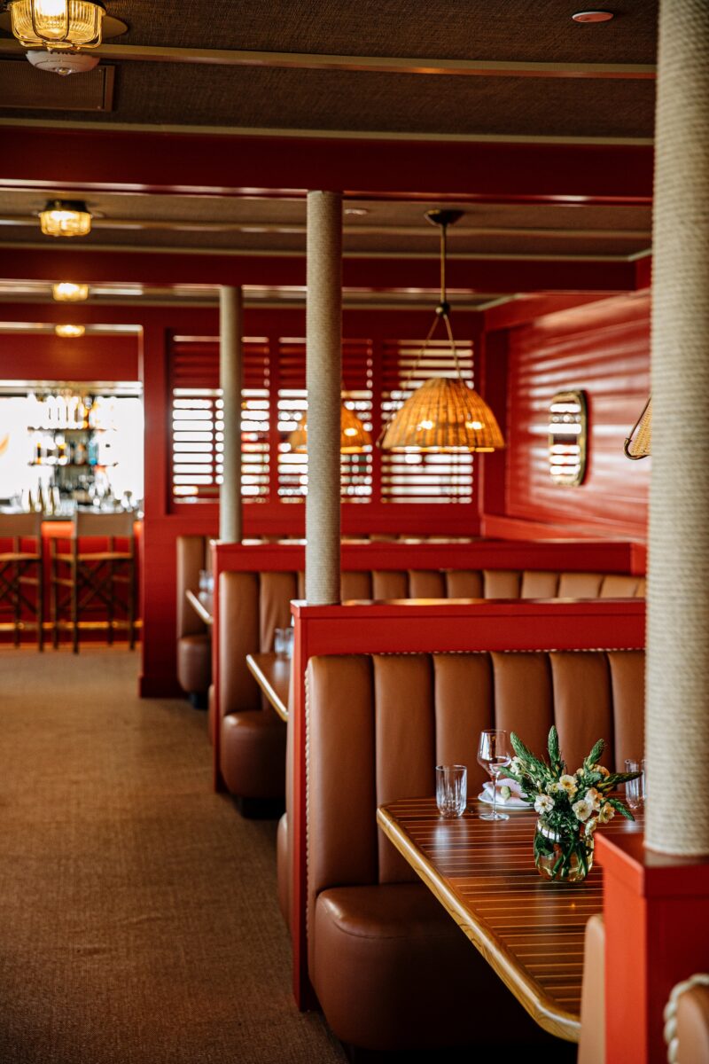 A red restaurant booth