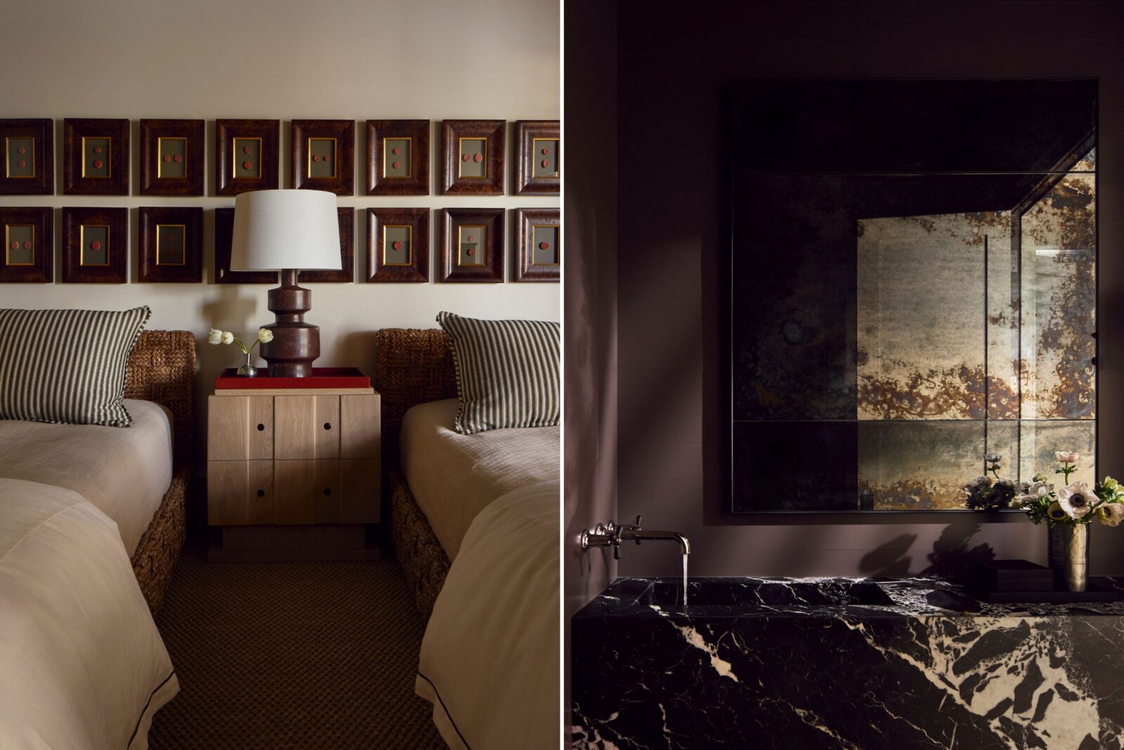 A collage of two images: a bedroom and a dark purple bathroom