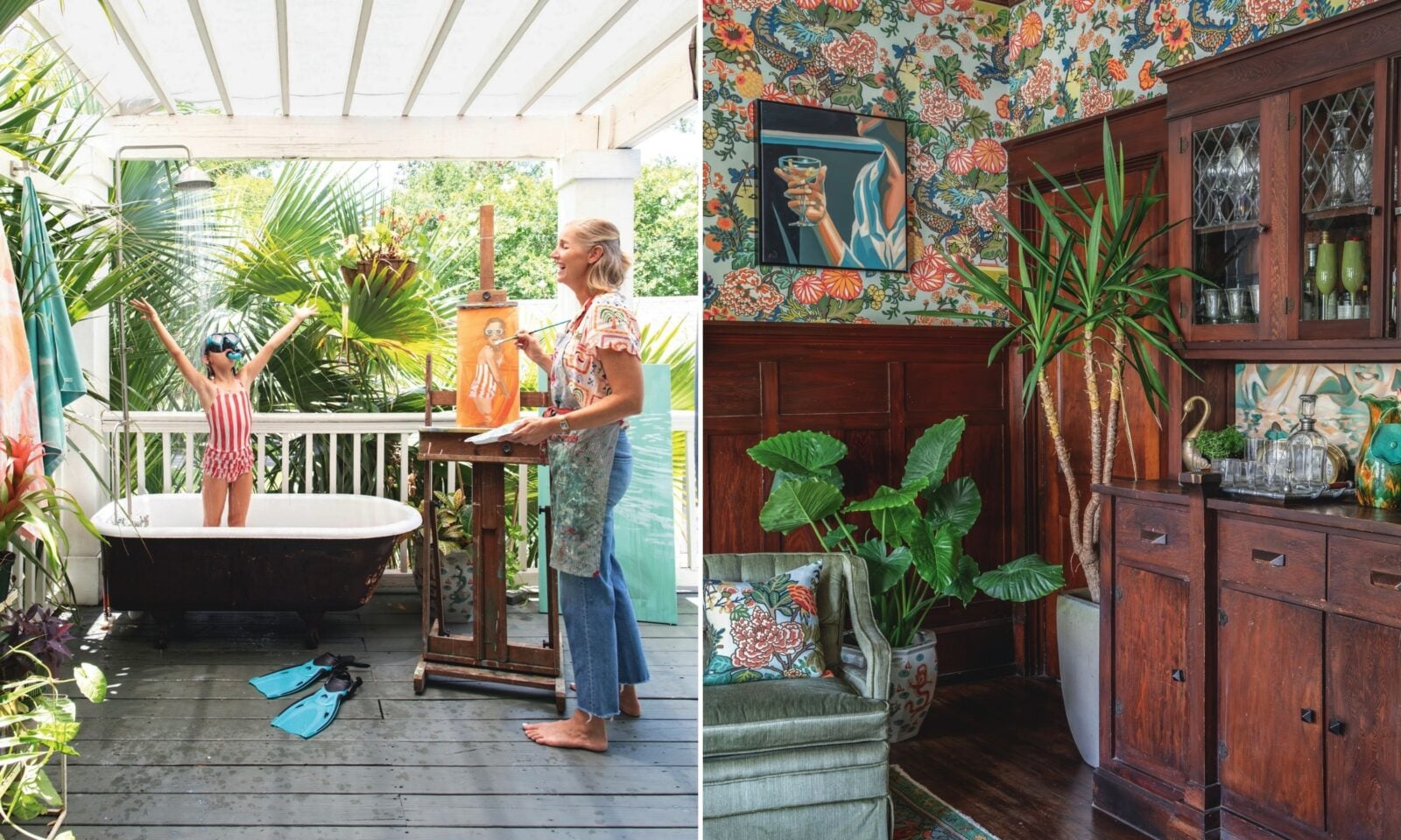 A collage of two images: a woman paints a girl in a bathtub playing on the porch; a dining room with floral wallpaper
