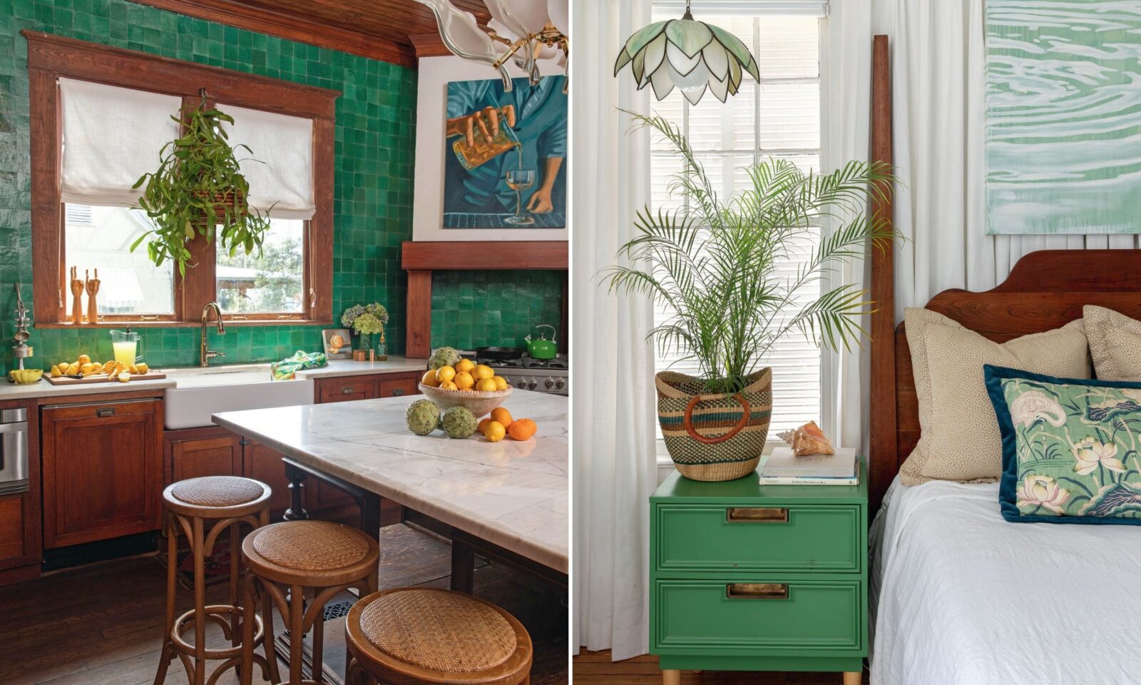 A collage of two images: Green tiles in a dark wood kitchen; a bedside table with a glass hanging lamp and a painting of water ripples