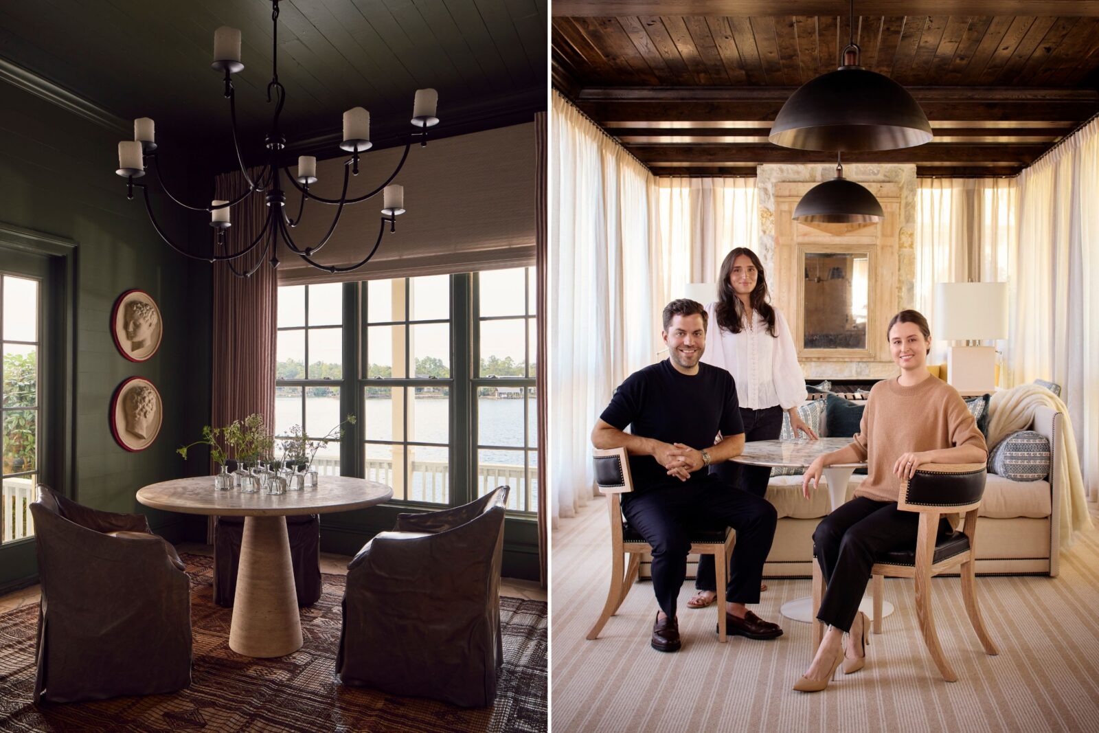A collage of two images: a dining nook; a family in a home